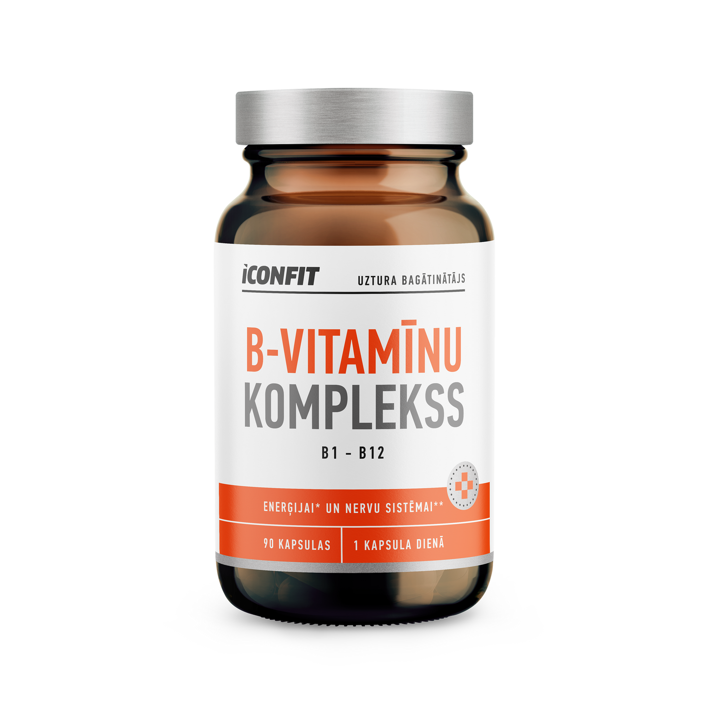 ICONFIT B-Vitamīnu Kompleksa uztura bagātinātājs ar B1 līdz B12 vitamīniem, 90 kapsulas enerģijai un nervu sistēmas veselībai